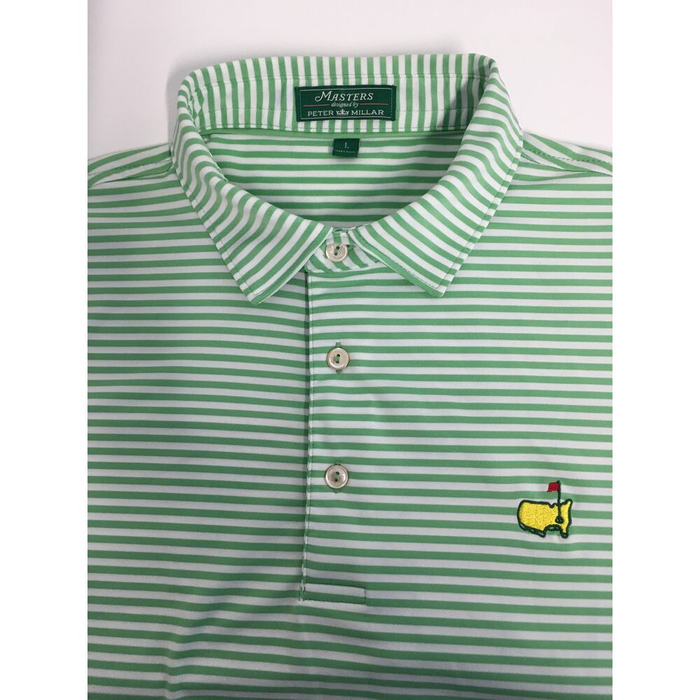 Peter Millar Mens L Green Striped Polo Shirt Golf Short Sleeve Performance